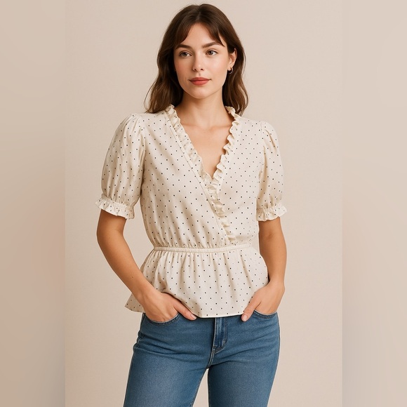 LC Lauren Conrad Tops - LC Lauren Conrad Cream Polka Dot Ruffle Wrap Blouse
